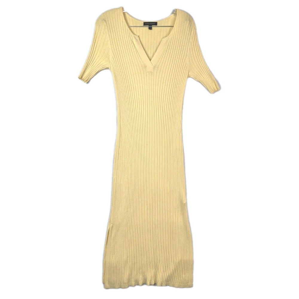 Banana Republic Women Butter Yellow Ribbed Sweater Dress Midi Knit Cotton Medium - Picture 2 of 8